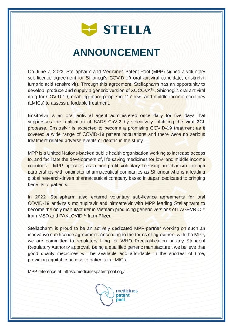THROUGH THE MPP ORGANIZATION, STELLAPHARM GETS THE 3rd APPROVAL TO PRODUCE SHIONOGI'S COVID-19 ORAL PILL