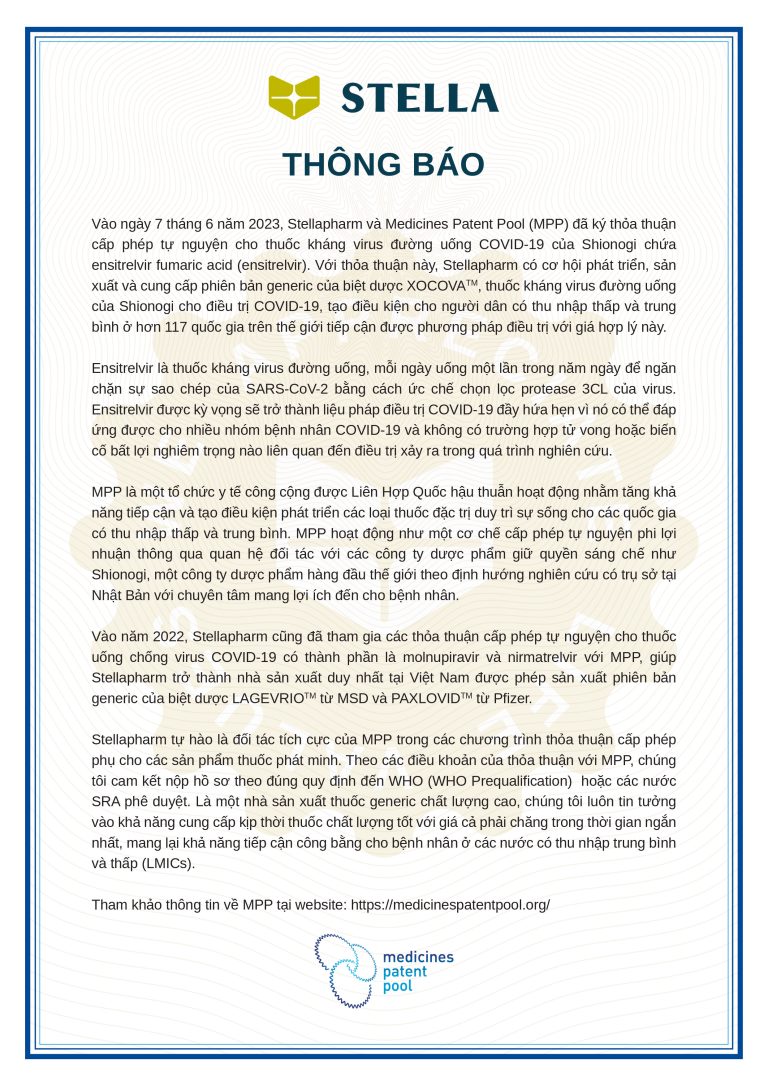 <strong>STELLAPHARM ĐẠT THỎA THUẬN SẢN XUẤT THUỐC TRỊ COVID-19 CỦA SHIONOGI, NHẬT BẢN</strong>